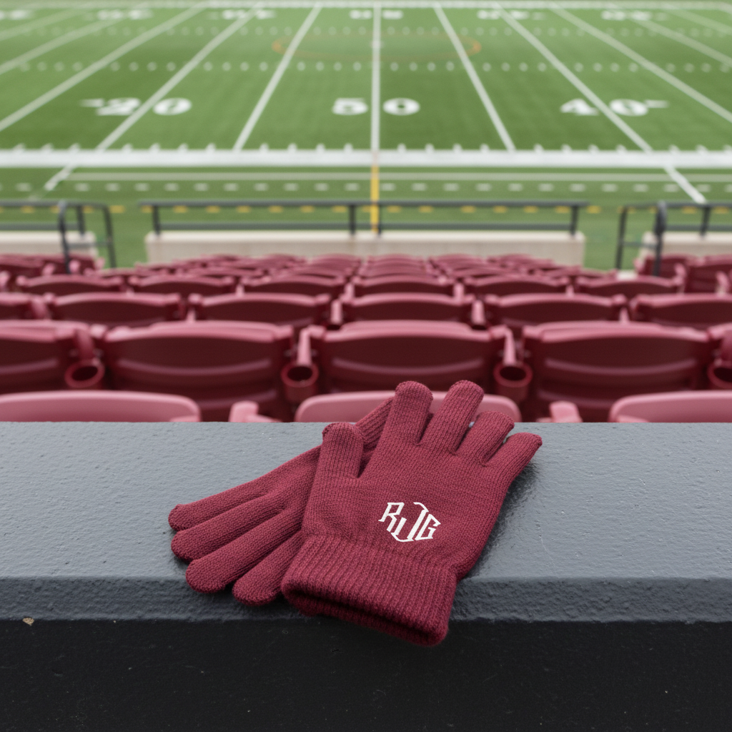 A pair of maroon knit gloves with a white embroidered monogram logo on the back of one glove, displayed against a solid white background.