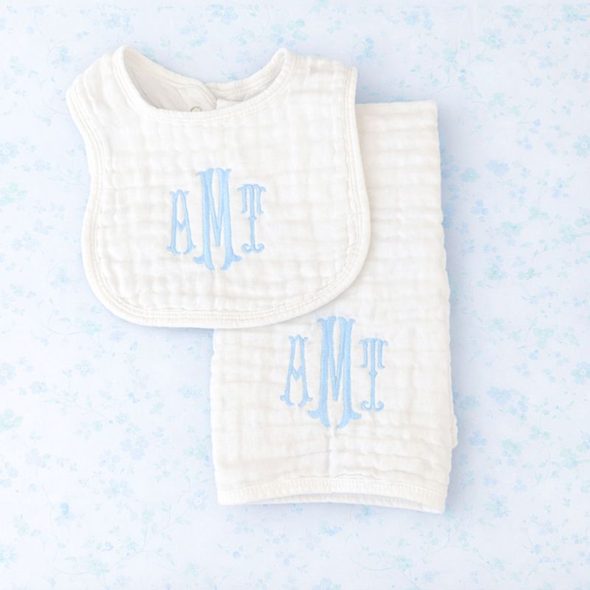 Monogrammed Muslin Bib and Burp Cloth Gift Set