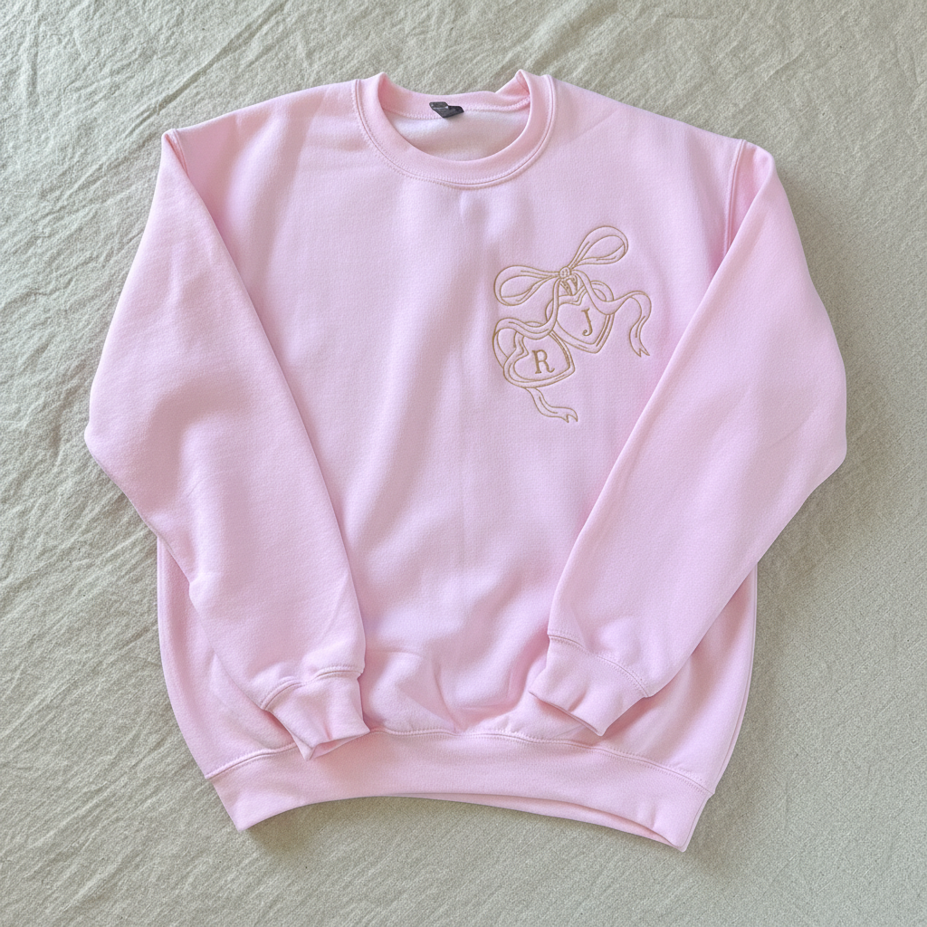 A light pink crewneck sweatshirt featuring a gold line-art graphic of three hanging bells on the left chest, laid flat against a white background.