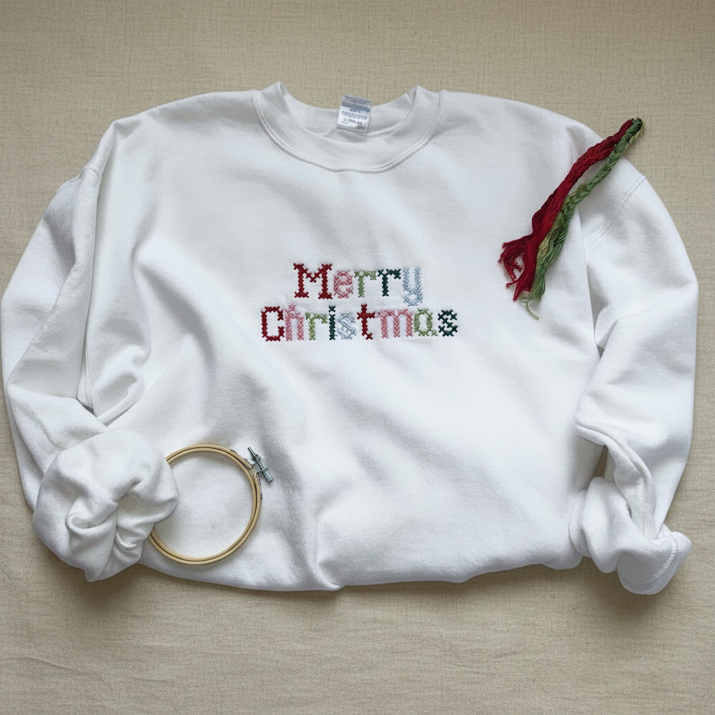 Nostalgic Cross Stitch Style Merry Christmas Sweatshirt