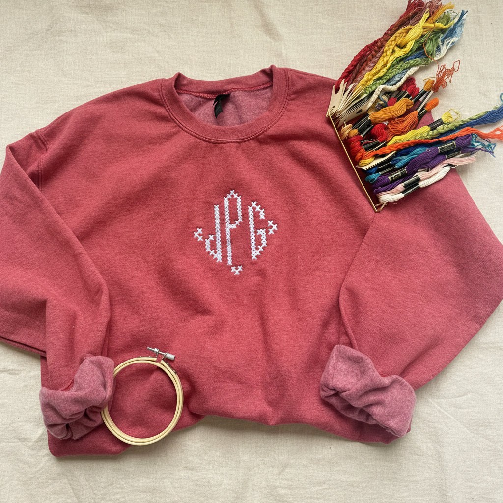 A dusty rose heather crewneck sweatshirt with a white embroidered monogram reading 'JPG' on the chest, styled on a white fabric background with an embroidery hoop, fabric scrunchies, and a bundle of colorful embroidery floss.