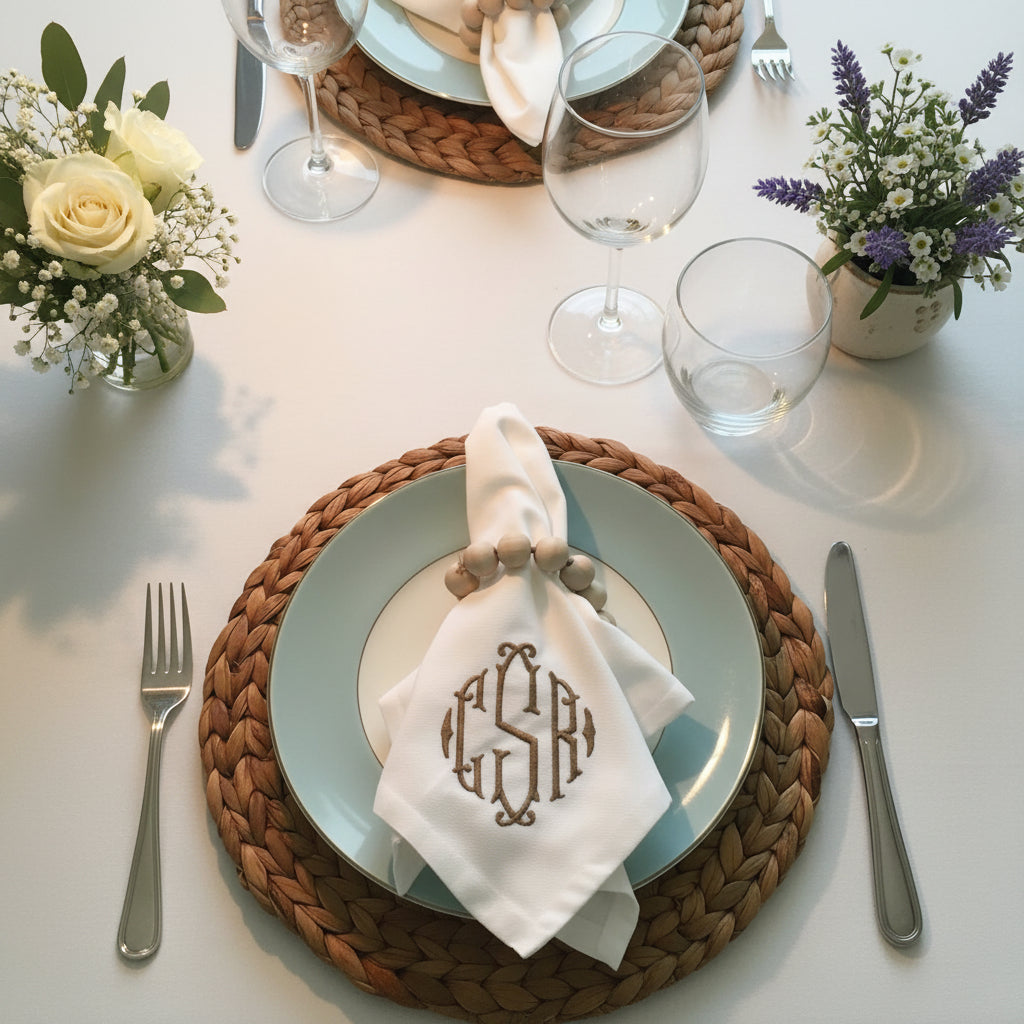 A white monogrammed napkin with a brown embroidered monogram, tied with a wooden bead napkin ring, displayed on a light blue plate over a woven placemat.